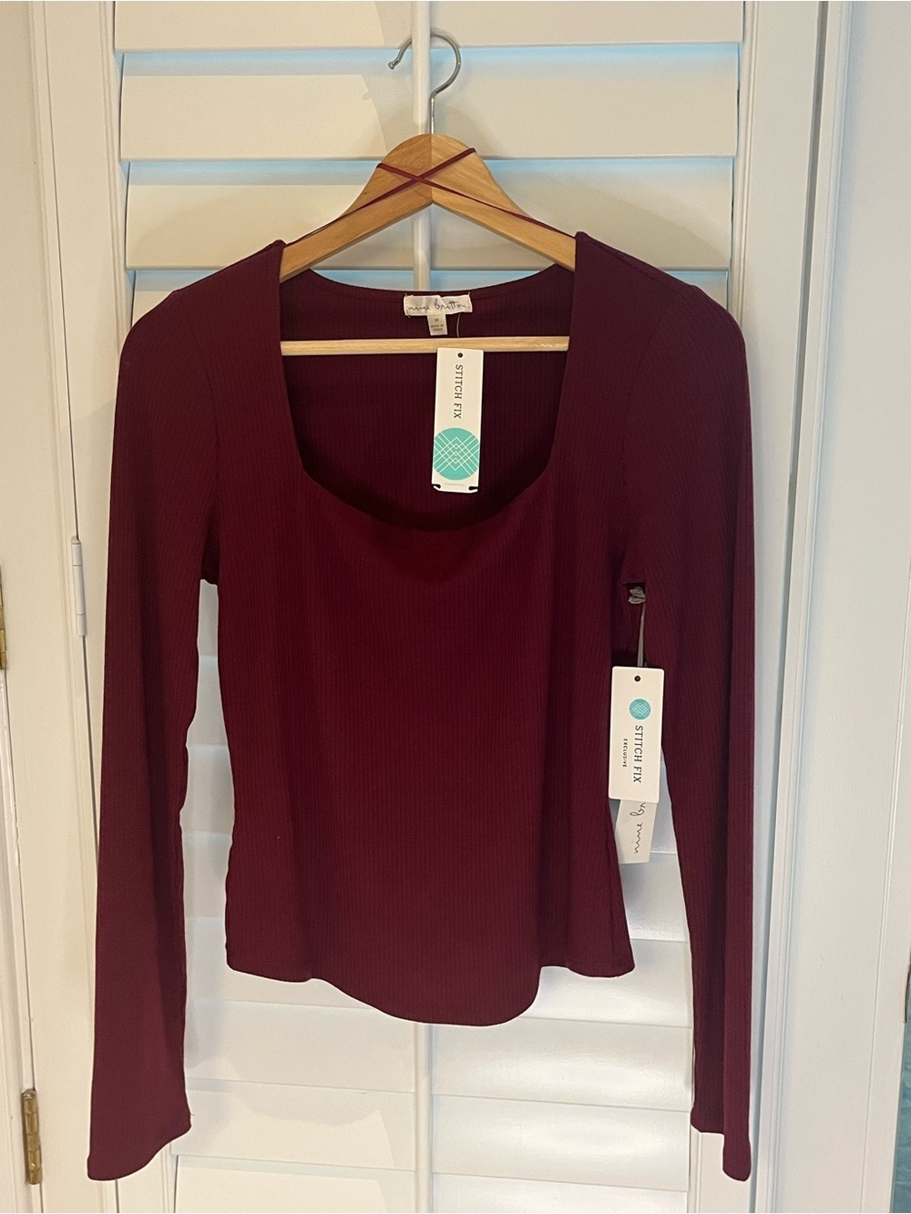 nine britton Deep Wine Ribbed Long-Sleeve Scoop Top M - Picture 2 of 6